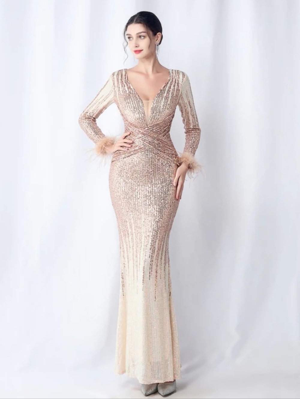 Elegant Sequin Evening Gownwith Ostrich Feathers